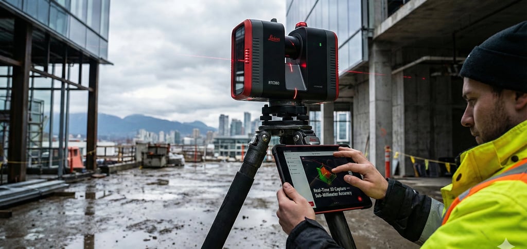 Professional using Leica RTC360 scanner on a commercial site in Vancouver to capture high-accuracy p