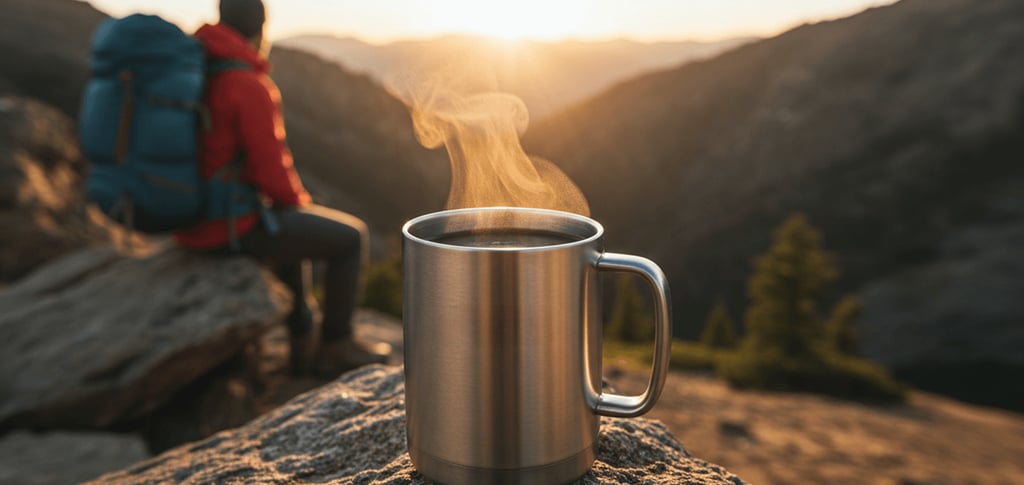 Hiker enjoying morning coffee on top of a mountain