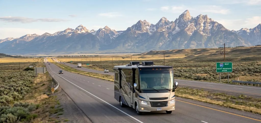 Class A motorhome on open highway heading toward mountain range on an RV road trip — Horacio & Visco