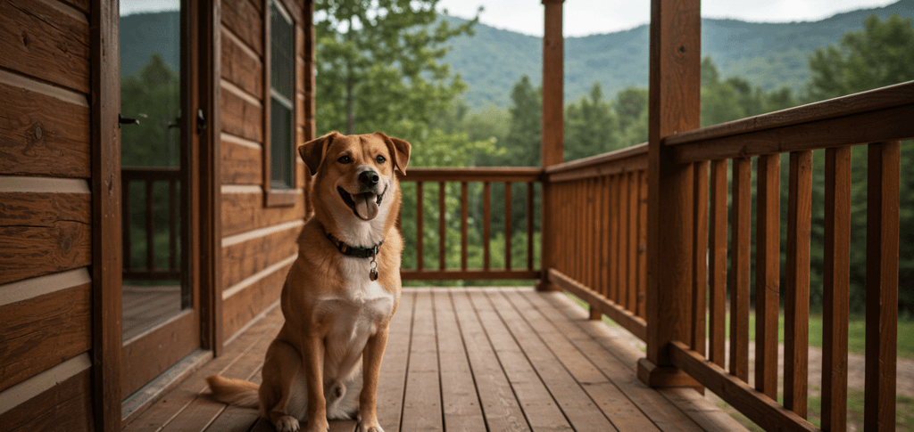 Happy dog enjoying a pet friendly cabin rental porch with a scenic view, perfect for dog friendly