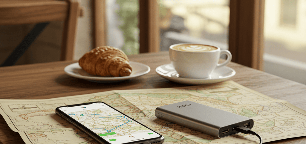 Flat lay of essential travel gadgets 2025 including power bank, adapter, and headphones on a map