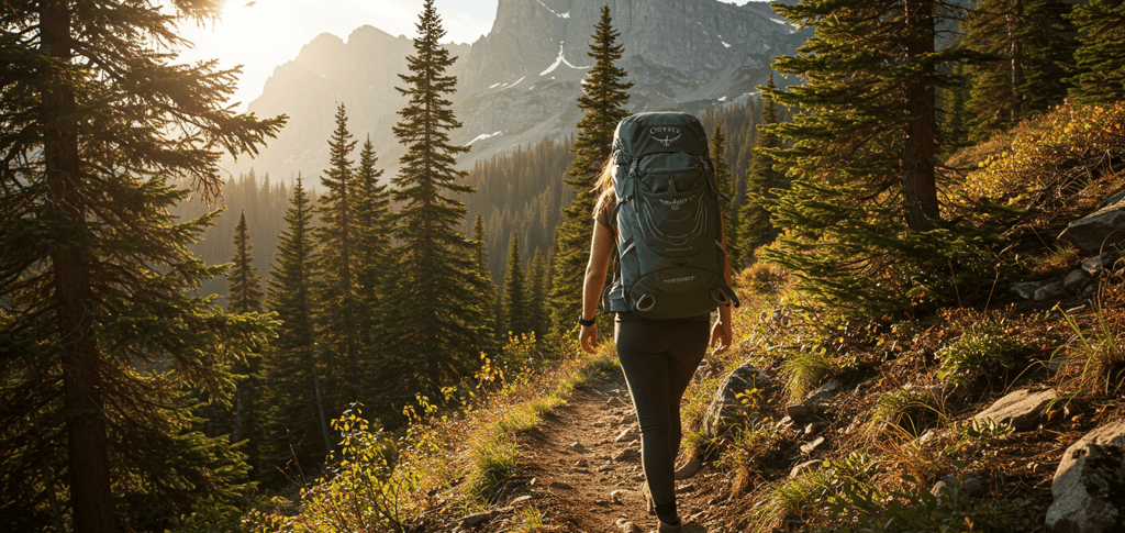 Women hiker on a mountain trail hiking with backpack surrounded by trees