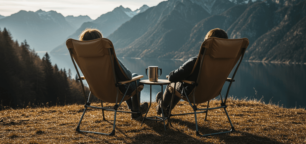 campers relaxing comfortably in a stylish camping chair with a scenic mountain or lakeside view