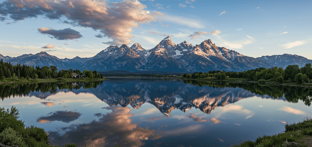 Panoramic Grand Tetons National Park vista at sunrise, unique town below; ultimate US National Parks