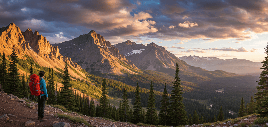 Traveler on a hike overlooking mountain ridge at sunset with large backpack
