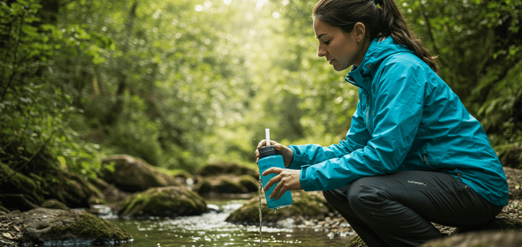Happy traveler on a scenic mountain hike, staying hydrated with a reusable water bottle.
