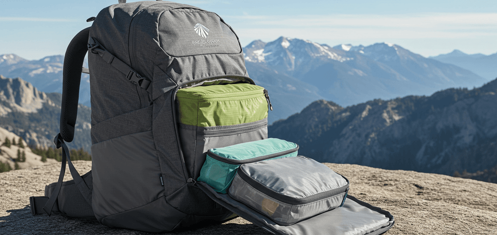 backpack showcasing packing cubes with mountain scenic background