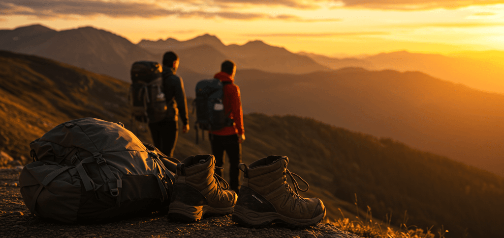 Hikers stands on a mountain peak at sunset, wearing a backpack and sturdy hiking boots