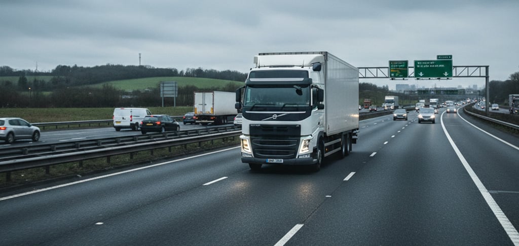 A Volvo FM truck driving on a cloudy UK motorway (M25) illustrating typical highway operating conditions.