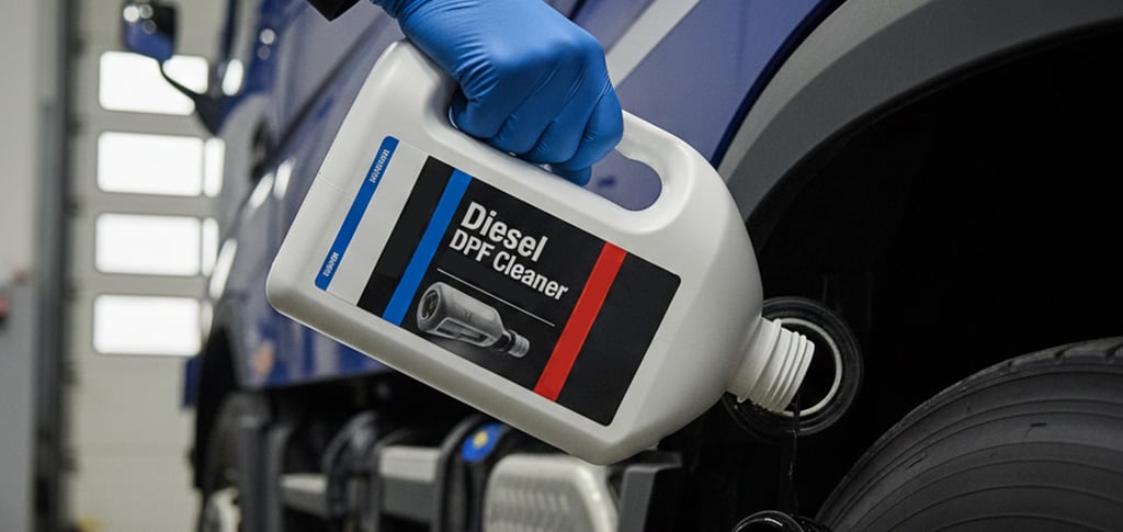Gloved hand pouring a professional DPF cleaner bottle into a blue Volvo FM truck fuel tank.