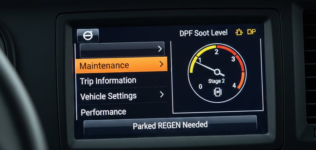 Close-up of Volvo FM Driver Information Display showing the Maintenance menu and DPF soot level gauge.