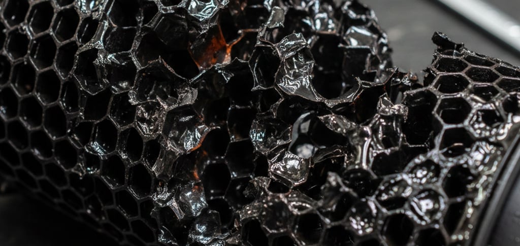 Close-up of a melted DPF ceramic core showing irreversible structural damage and fused honeycomb channels.