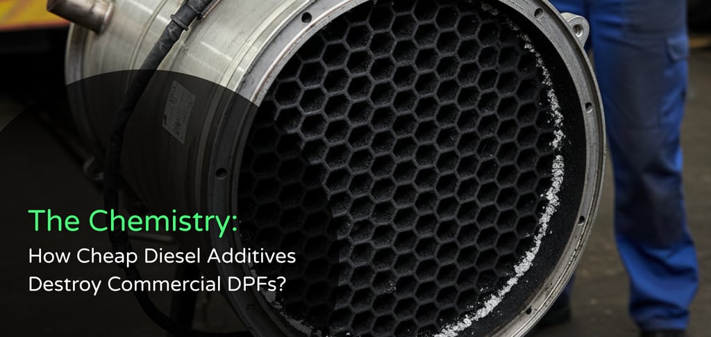 Professional view of a round Volvo FM diesel particulate filter showing the internal ceramic honeycomb grid.