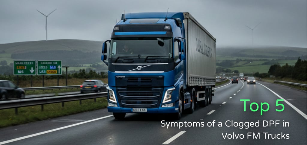 Volvo FM Truck: Blue Volvo FM truck hauling a trailer on a misty UK motorway under a cloudy grey sky.