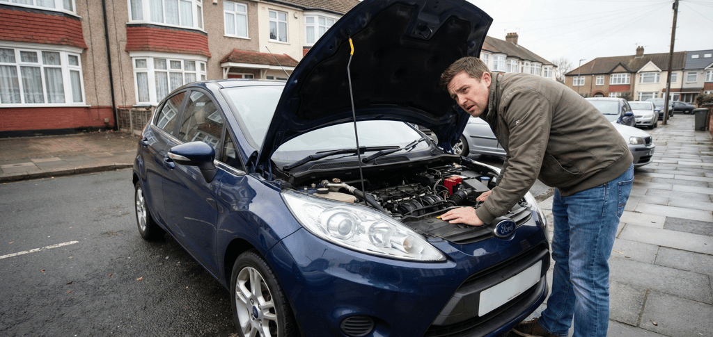 UK driver checking car engine on a residential street to improve fuel economy