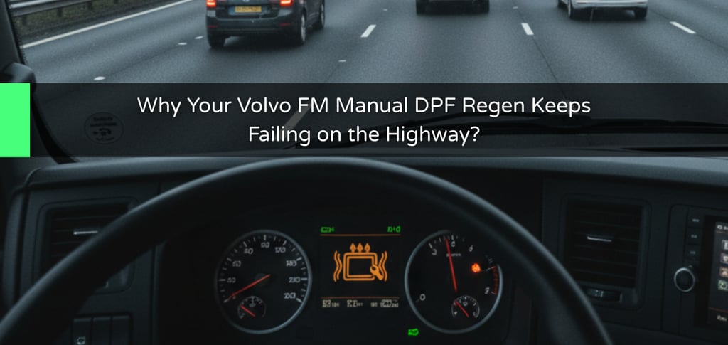 Volvo FM dashboard displaying a DPF regeneration failure warning while driving in UK motorway traffic.