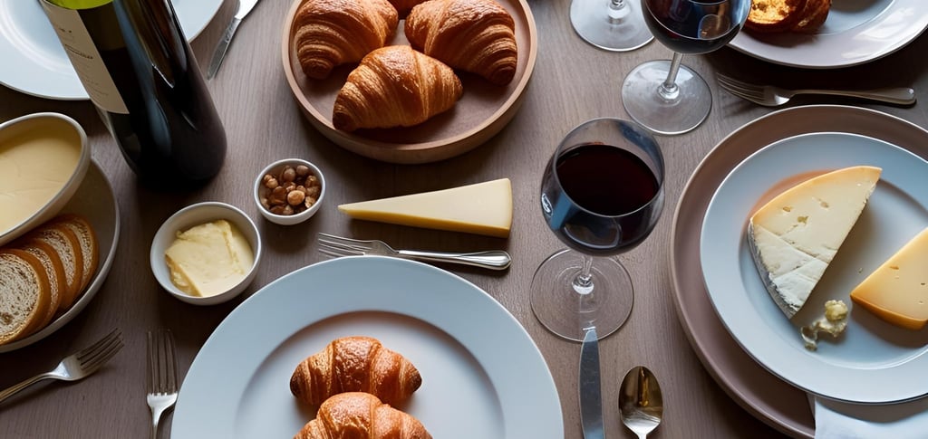 Elegant French dining table with croissants, wine, cheese, and classic dishes
