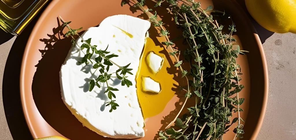 Flat lay of essential Greek ingredients including olive oil, feta cheese, oregano, and lemons