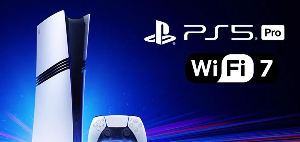 Consola PS5 Pro destacando su nueva tecnología WiFi 7 para descargas ultra rápidas, MBTECNIC.