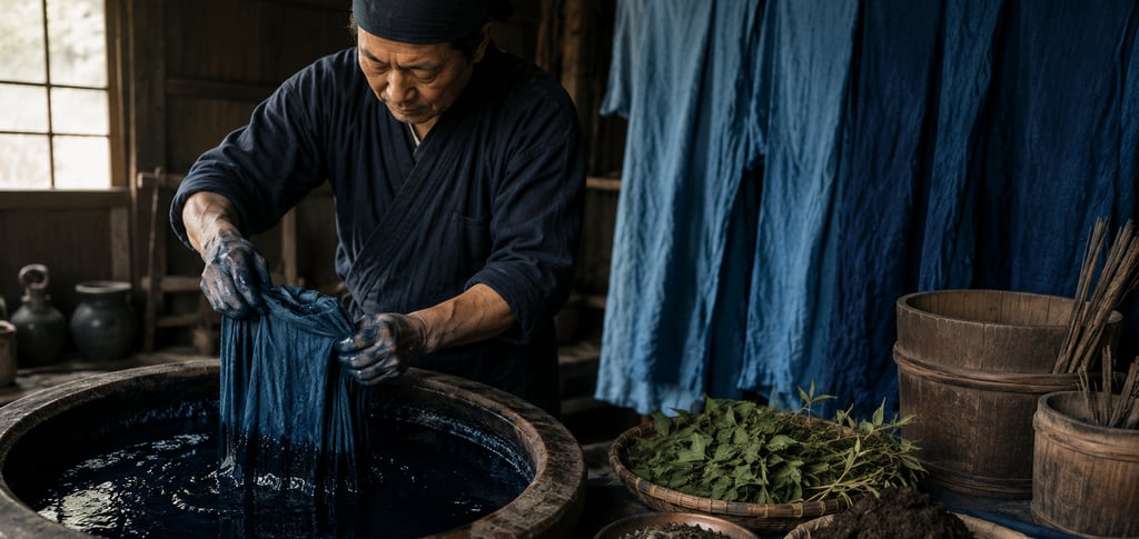 A Japanese artisan hand-dyeing fabric in a traditional indigo vat with blue textiles drying.