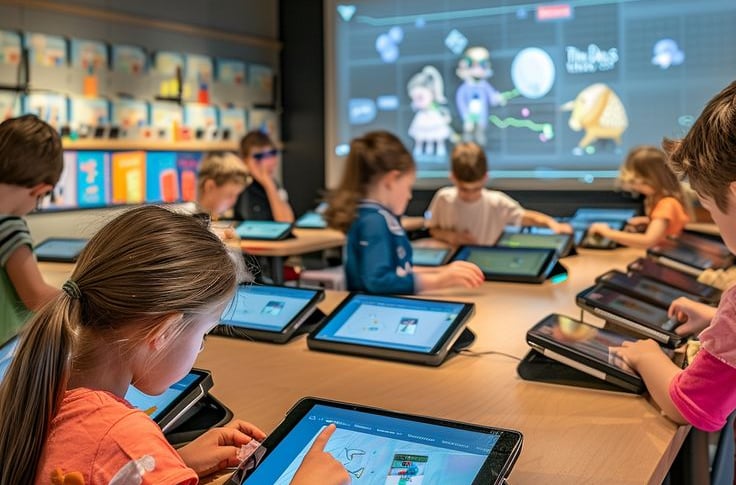 Siswa menggunakan tablet di ruang kelas digital modern yang terintegrasi dengan software manajemen sekolah dan pembelajaran.