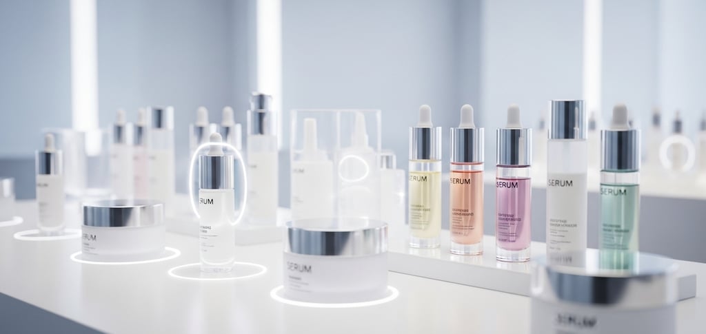 a table with a lot of bottles of cosmetics and a lot of cosmetics