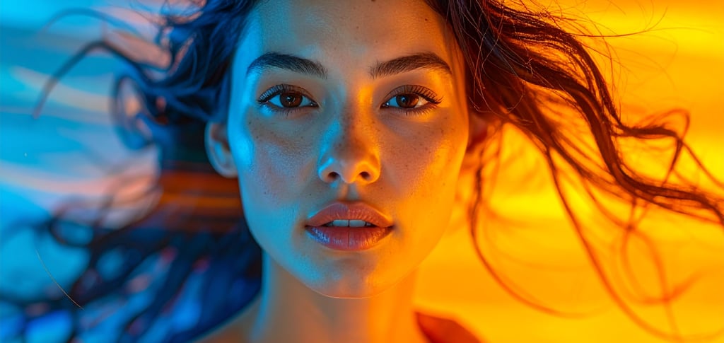 a woman with long hair and a bright orange dress