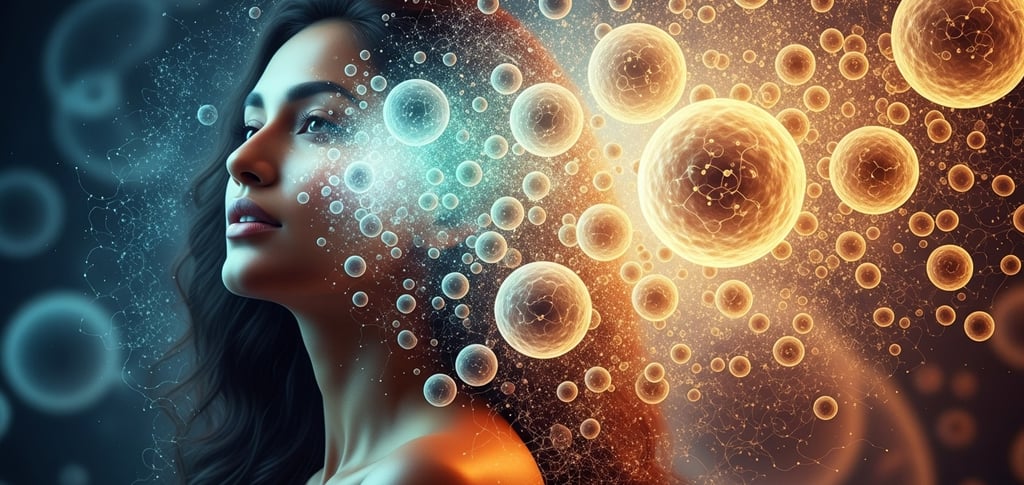 a woman with a glowing head and a glowing orb of bubbles