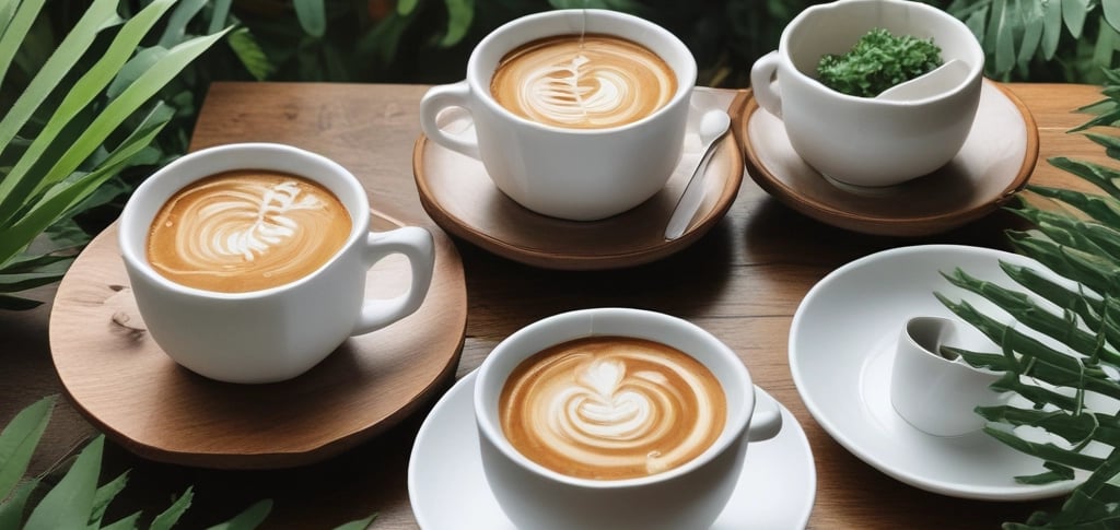 three cups of coffees on round brown wooden stools