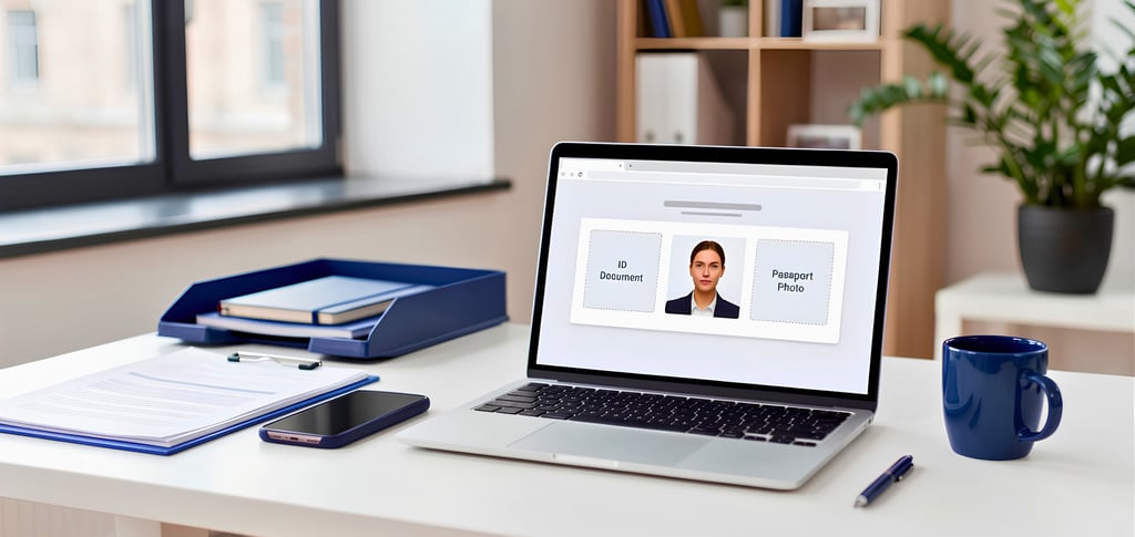Person preparing ID and passport photos for online upload on a laptop