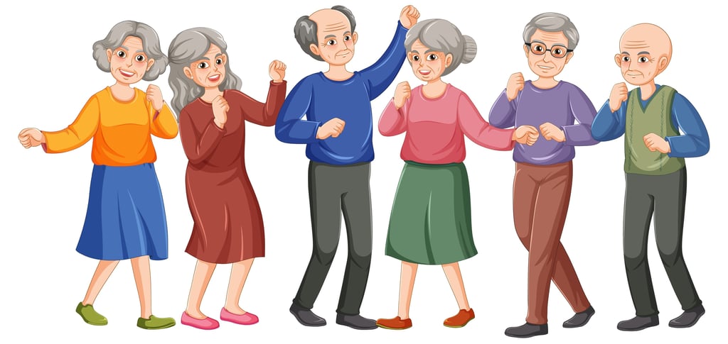 Six active senior citizens dancing and exercising together in a group on a white background.