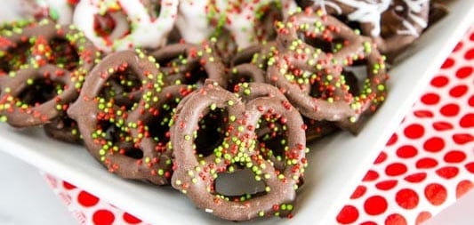plate of chocolate covered pretzels