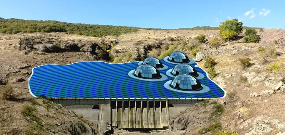 A futuristic hydroelectric dam featuring glass domes and solar panels integrated into a rocky landscape.