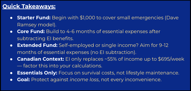Quick Takeaways on blog about how much emergency fund do you need in Canada