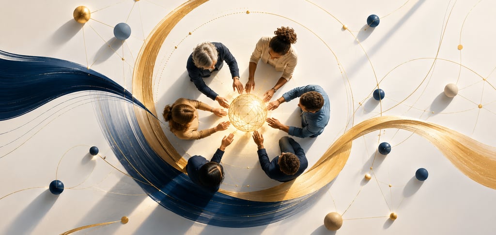 Business team collaborating around a glowing digital globe representing global networking and innovation.