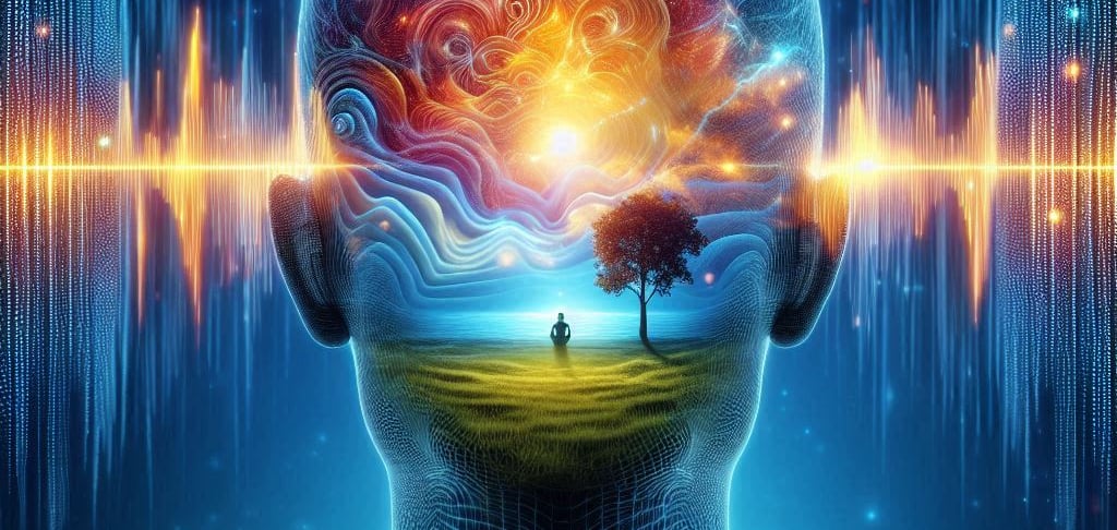 Illustration of a mind and a person meditating within the mind.