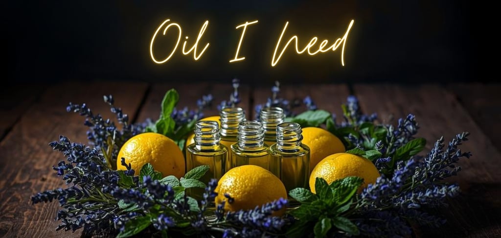 Oil I Need logo over a wreath of lemons, lavender, and peppermint sprigs with bottles in center