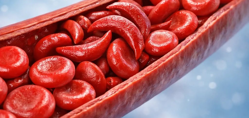 Medical illustration showing sickle-shaped red blood cells blocking blood flow