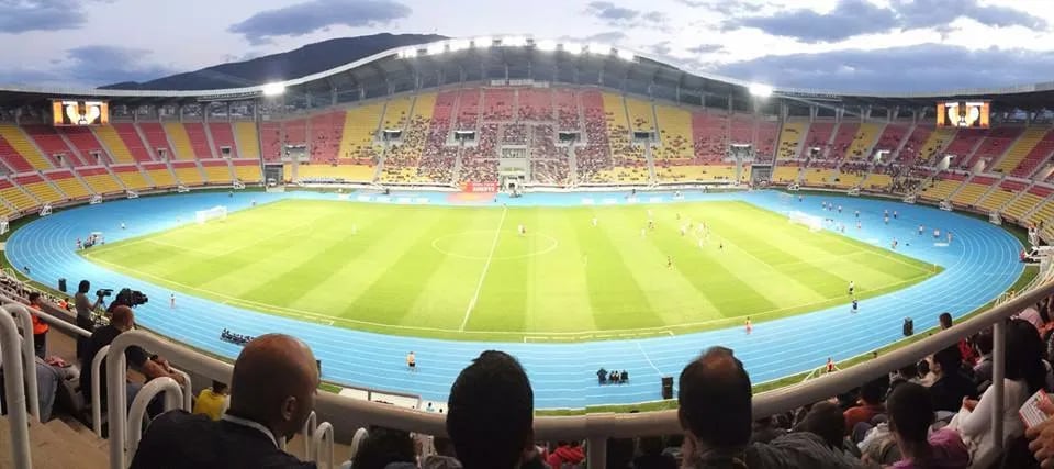 Luftaufnahme der Nacionalna Arena Toše Proeski in Skopje – Heimatstadion von FK Vardar