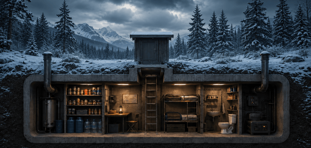 A cross-section of a survival bunker underground with food supplies, bunk beds, and a bathroom in a winter landscape.