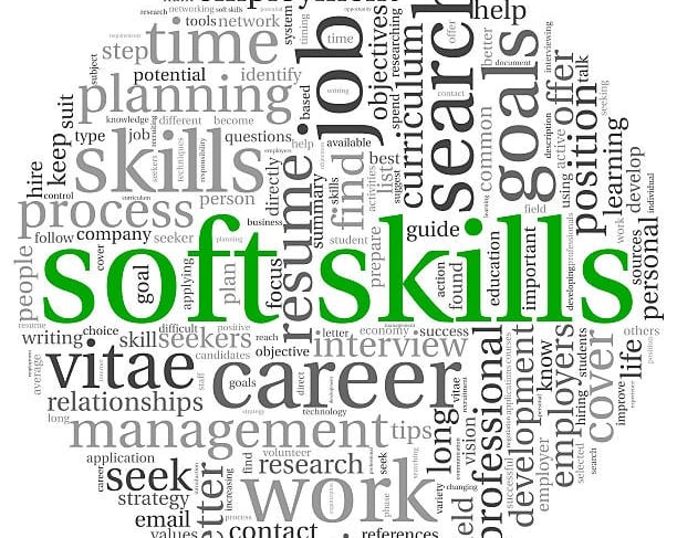 Word cloud highlighting 'skills' in green, emphasizing career and job-related soft skill development