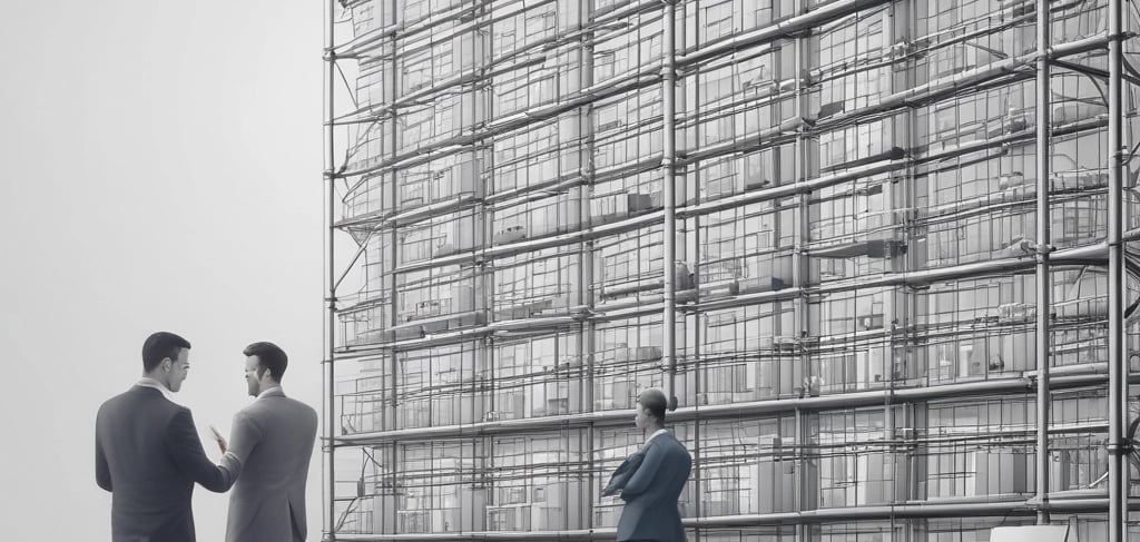 Professional engineers in suits discussing an industrial scaffolding structure for a large building project.