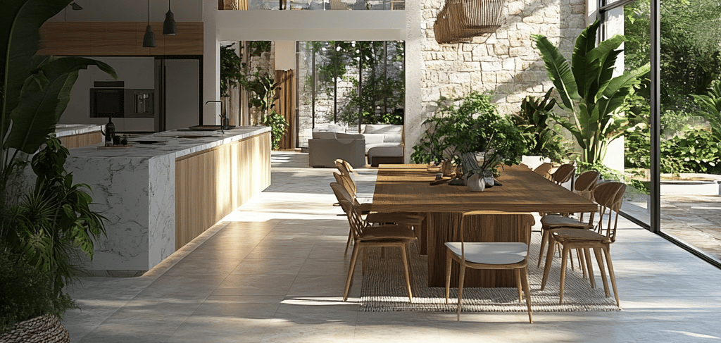 an open space with a kitchen island and a table and chairs
