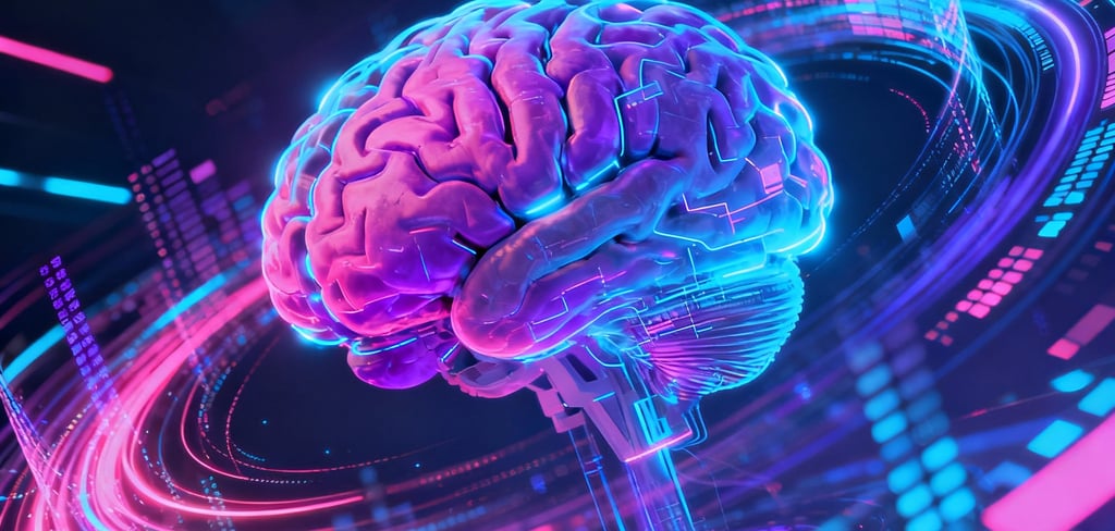 IA generativa, cérebro digital, luzes vibrantes.