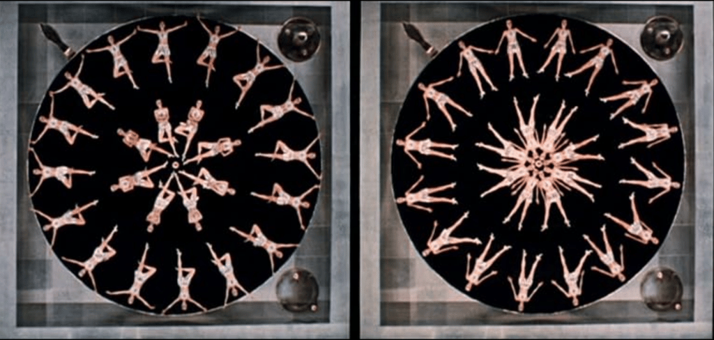 Overhead geometric formation of dancers from The Boy Friend paying tribute to Berkeley’s style.