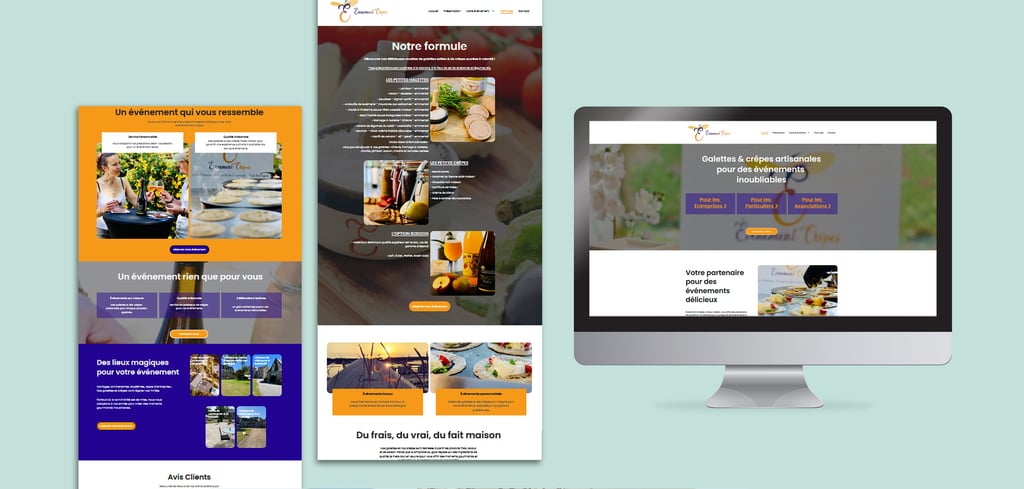 3 pages d'un site internet présentées les une à côté des autres dont une sur un écran d'ordinateur 