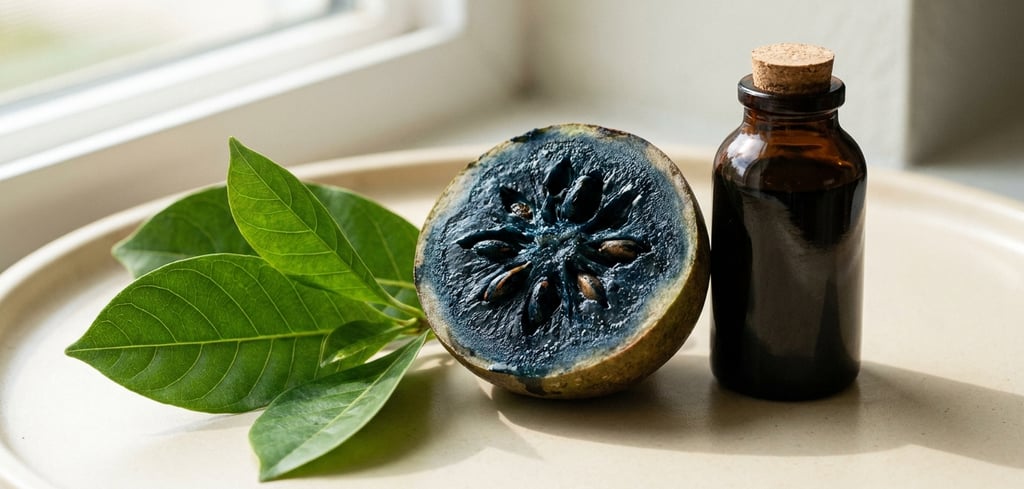 A sliced genipa americana fruit and bottle of jagua ink extract on a beige ceramic plate.