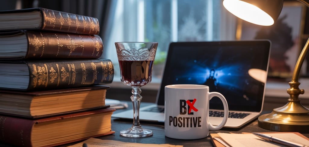 Photo of a vampire marriage agency head's desk including a glass of suspiciously red wine