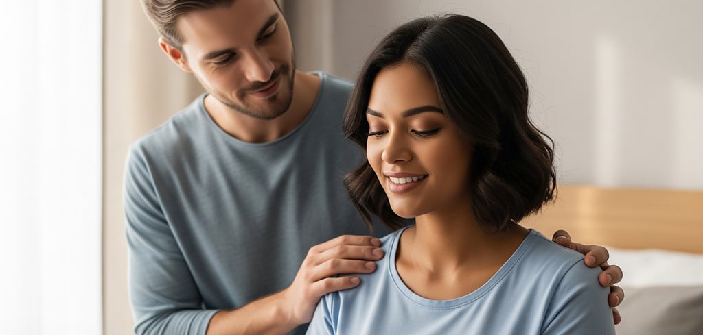 Casal sorridente sentado no quarto, olhando juntos para um teste de gravidez positivo, transmitindo 
