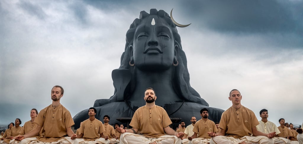 people doing meditation in front of adiyogi best for stress management